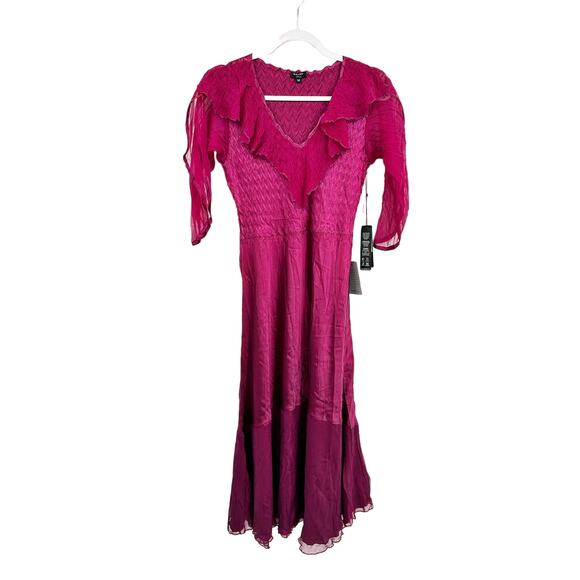 Komarov Fuchsia Pink Crinkle Chiffon V-Neck Cocktail Midi Dress Size M NWT - Picture 2 of 7